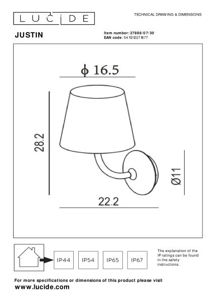 Lucide JUSTIN - Wandlamp Binnen/Buiten - LED Dimb. - 1x7W 3000K - IP65 - Zwart - technisch